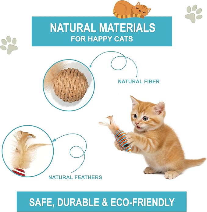 Natural Cat Toys Set, Eco-Friendly Interactive Toys with Feather Mice, Fiber Balls, Wand & Teething Toys | Gift for Cats & Kittens