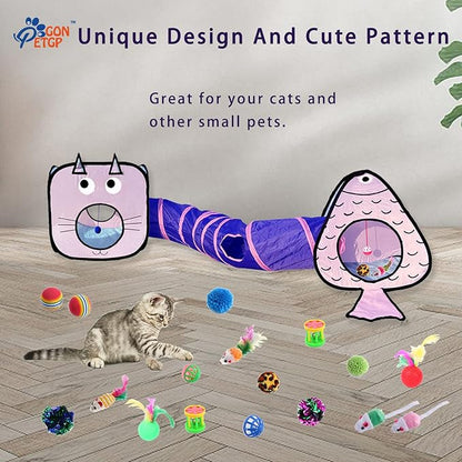 GONPET Set for Indoor Cats: 23 PCS Kitten Toys, Incl. Collapsible Pet Tunnel, Interactive Cat Teaser Wand & Balls