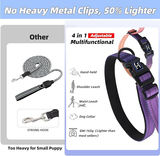 Roses&Poetry Hands Free Dog Leash for Small Dogs, All-in-One Leash & Collar 6.6-8.7ft Adjustable Waist Crossbody Leash for Dog Walking Lightweight with No Metal Clip Running Jogging