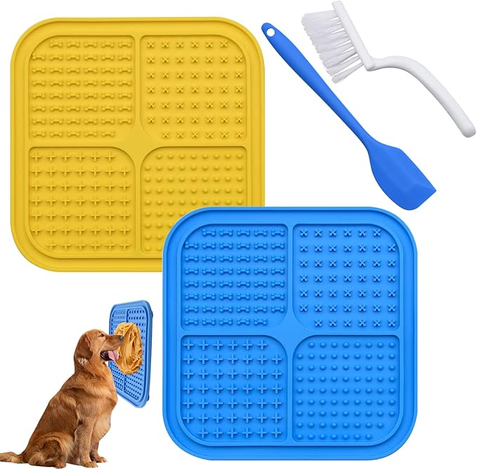 Dog Licking Mat, 2Pcs Large Dog Lick Pad with Suction Cups, with Silicone Spatula and Cleaning Brush, Dog Cat Slow Feeder for Peanut Butter, Yogurt, Snacks, Reduce Anxiety Boredom(Blue+Yellow)