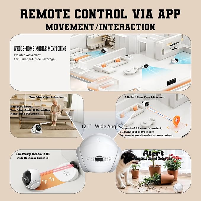 Home Pet Camera Robot with AI - Movable 1080P,Battery-Operated, Night Vision,2-Way Talk, Remote Interaction with App Control Camera for Dog Cat Kids
