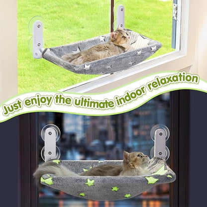 2PC Cat Window Perch, Glow in The Dark Cordless Foldable Pet Hammock Bed for Window with Sturdy Metal Frame, Glowing Stars Pattern Resting Seat for Indoor Cats (2PC Stars - L)