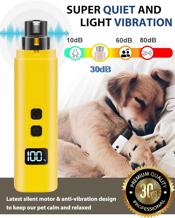 Electric Dog Nail Grinder with 2 Level LED Lights, 2 Speed Super Quiet and Low Vibration Electric Cat Nail Grinder - Rechargeable Pet Nail Grinder for Small Dogs Cats - Yellow