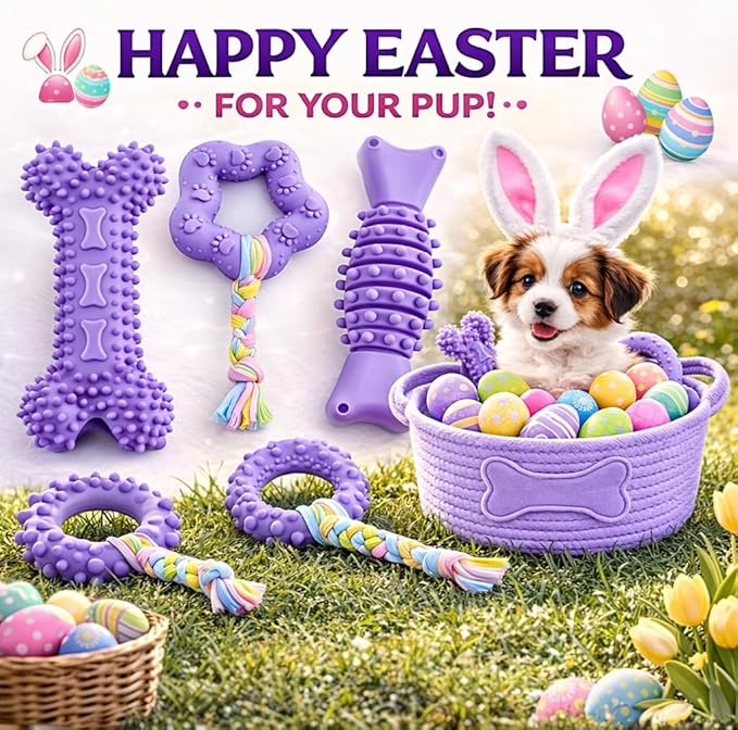 Chew Toys, 6 Pcs Soft Rubber Teething Toys for Small Dogs, Eco-Friendly Interactive Dog Toys, Teeth Cleaning, Cute Purple Design