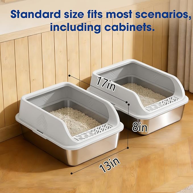 2 Pack Stainless Steel Litter Box with Lid, Kitten Metal Cat Litter Boxes High Sided Enclosed for Small Cat and Injured Cats Rabbit, Anti-Urine Leakage | Non-Stick Bottom & Includes Scoop