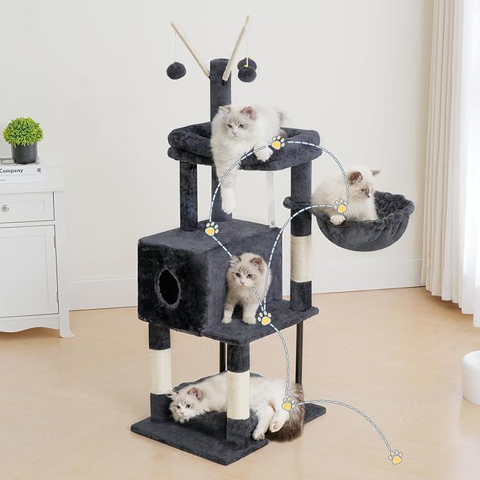 Heybly Cat Tree, 45.3-Inch Cat Tower for Indoor Cats with Large Perch, All-in-One Cat Furniture with Cozy Bed, Hidden Space Cat Condo, Comfy Hammock, Scratching Posts & 3 Pompoms, Smoky Gray HCT202SG