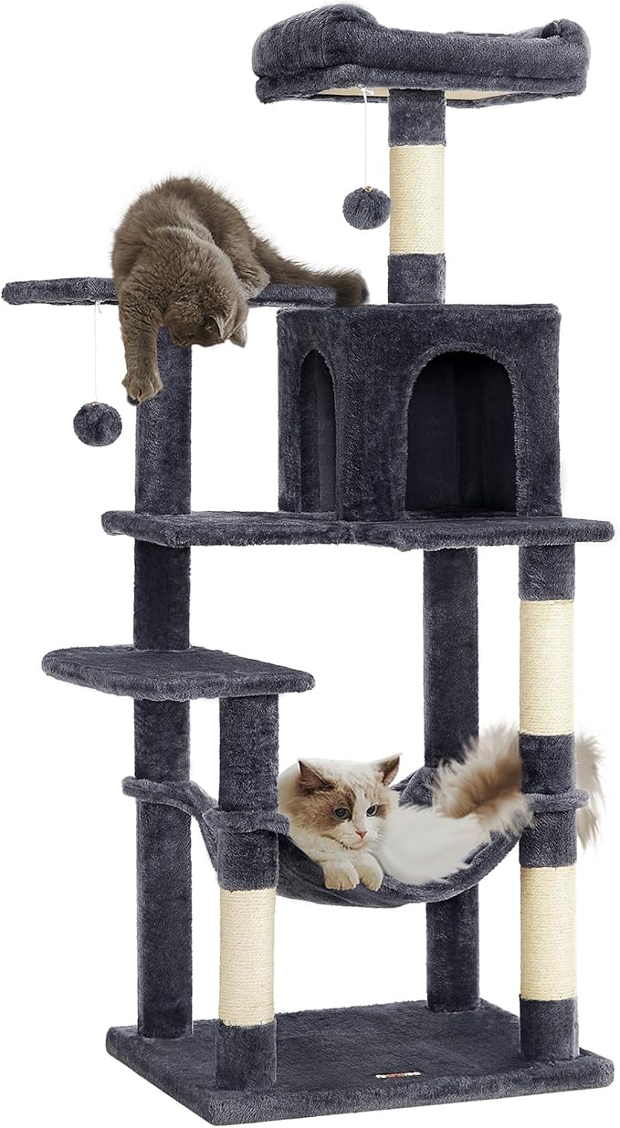 Feandrea Cat Tree, 55.1-Inch Cat Tower, Plush Multi-Level Condo with 4 Scratching Posts, 2 Perches, Hammock, Cave, Smoky Gray UPCT161G01