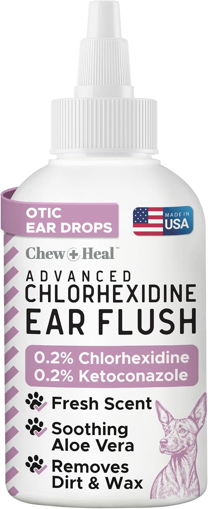 Chew + Heal Labs Dog Ear Cleaner - Medicated Dog Ear Buildup Drops for Dirt and Wax - 12 oz Advanced Flush with Chlorohexidine and Ketoconazole - Made in the USA
