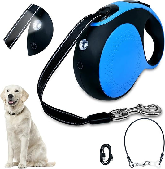 Retractable dog leash with chew-proof cord and LED flashlight, 16-ft heavy-duty dog leash, suitable for Small/medium dogs weighing up to 110 pounds, reflective rope, 360° anti-tangling.(Blue+16ft+LED)