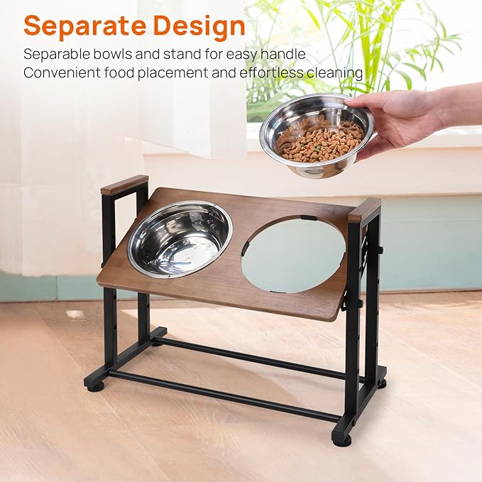 Adjustable Height Pet Feeder Stand with 2 Dishwasher-Safe Stainless Steel Bowls – Brown Wood Top & Black Metal Frame Elevated Food/Water Station for Dogs/Cats Under 100LBS