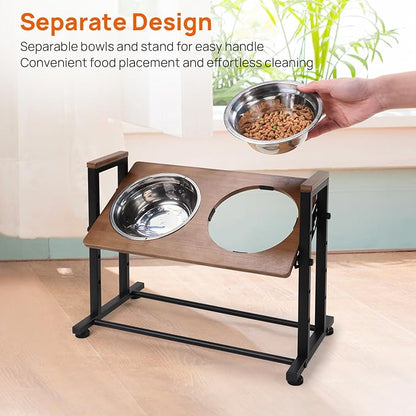Adjustable Height Pet Feeder Stand with 2 Dishwasher-Safe Stainless Steel Bowls – Brown Wood Top & Black Metal Frame Elevated Food/Water Station for Dogs/Cats Under 100LBS