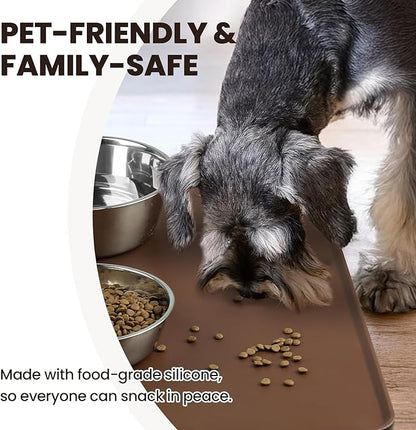 VIVAGLORY Dog Food Mat Flexmat Dog Bowl Mat, Placemat Food Tray with Raised Edges & Lip for Indoor Floor, Non Slip Waterproof Silicone Dish Placemat for Cat & Pet, L, Chocolate