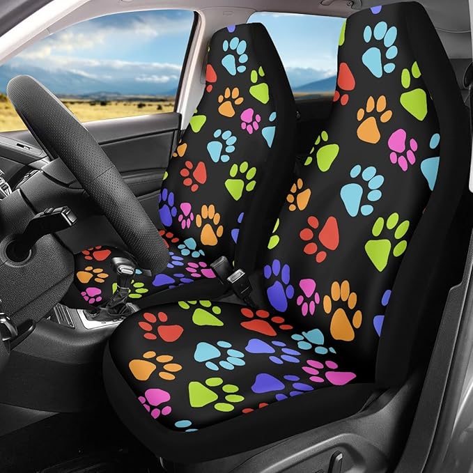 Dreaweet Cute Colorful Puppies Dog Paw Print Seat Covers for Cars Auto Car Accessories for Women Funny Front Seat Cover for Truck Sedan SUV Gift