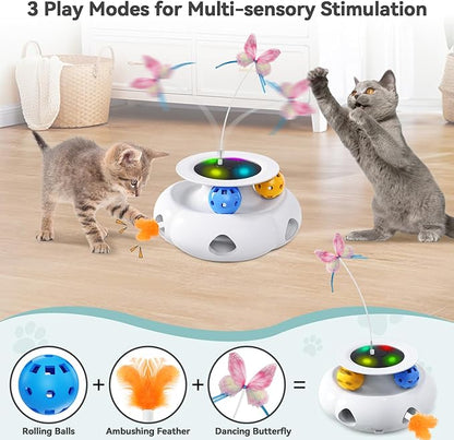 Cat Toys 3in1 Interactive Moving Ambush Feather, Spinning Butterfly, Track Balls, USB Rechargeable Automatic Activated Kitten Toys for Indoor Cats, Cat Feather Toy for All Breeds