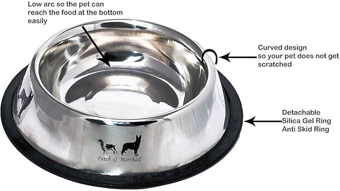 Patch & Marshall Stainless Steel Dog Bowls with Anti-Skid Ring | XL Set of 2 | 1600 ml Water or 900 g Food Capacity per Bowl | 54 Fl Oz | Pet Feeding Bowls