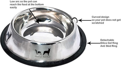 Patch & Marshall Stainless Steel Dog Bowls with Anti-Skid Ring | XL Set of 2 | 1600 ml Water or 900 g Food Capacity per Bowl | 54 Fl Oz | Pet Feeding Bowls
