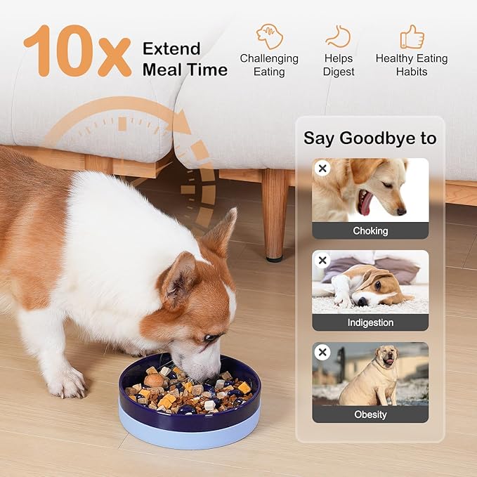 Sted Ceramic Slow Feeder Dog Bowls with Silicone Base, Slow Feeding Dog Bowl Small Medium Breed, Dogs Food Bowls for Fast Eaters, Puzzle Dogs Food Bowl, Maze Blue