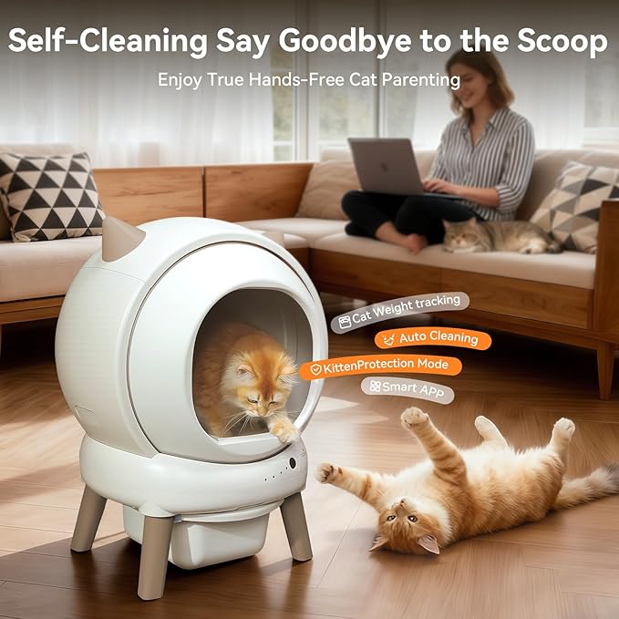 Automatic Cat Litter Box - E2 Self Cleaning Litter Box Smart Robot for Multiple Cats, APP Real-Time Monitor, Weight Monitoring, Safe Anti-Pinch Liners and Mat Included