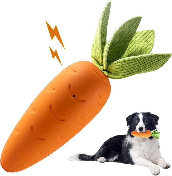 HEYKEY Dog Squeaky Chew Toys, Indestructible Suitable for Aggressive Chewers, Durable Natural Rubber Carrot Dog Toys Milk-Flavored Dog Teeth-Cleaning Toy for Puppy Medium Large Dogs, Orange