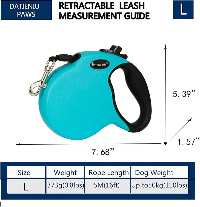 16Ft Chew Proof Retractable Dog Leash Anti-Chewing Wire Ropes Hands-Free Adjustable Safety Lock Durable Nylon Belt for Large Dogs Blue L