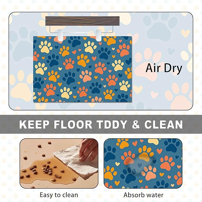 Colorful Dog Paw Print Pet Feeding Mat Spill-Proof Pets Food Mat for Dog Food and Water Bowl Pet Feeding Bowl Mats for Pets Feeding Cute Easy Clean Fast Dry Cats Feedings Pad 24" x 16"