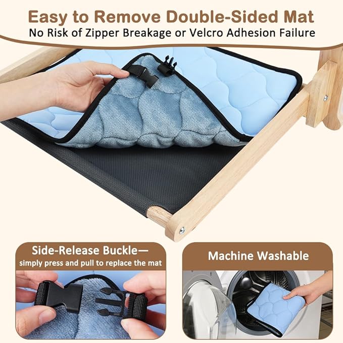 SZEE Cat Window Perch with Breathable Mesh for Airflow, Foldable Cat Window Hammock Bed with Wooden Frame, Equipped with Dual-Sided Mat for All-Season Use, Strong Suction Cups & Solid Thicken Frame