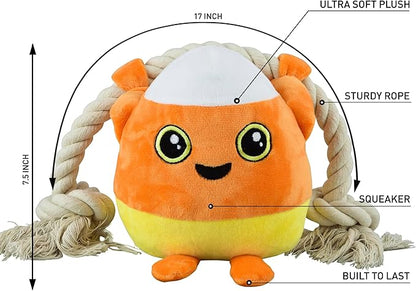Native Pup Dog Toy Rope and Plush Stuffed Squeaker, Tug of War Toys for Dogs, Puppy Welcome Home Add on for Pets (Candy Corn)