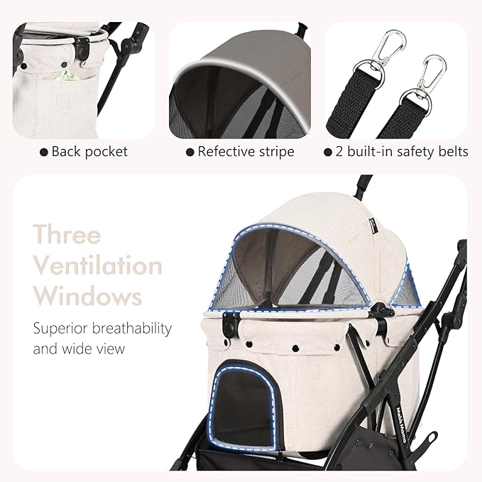 Pet Stroller for Medium Dogs Cats Up to 45 lbs, Waterproof Sunproof, One-Hand Foldable Dog Stroller Cart, Strollers for Dogs and Cat, Beige