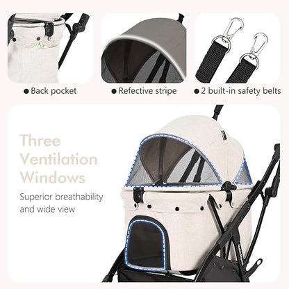 Pet Stroller for Medium Dogs Cats Up to 45 lbs, Waterproof Sunproof, One-Hand Foldable Dog Stroller Cart, Strollers for Dogs and Cat, Beige