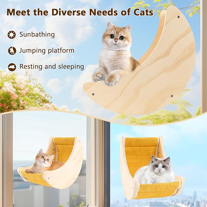 Cat Window Bed, Window Seat for Cats Inside, Wooden Half Moon Shaped Cat Window Perch with Strong Suction Cups for Sleep and Watch Birds