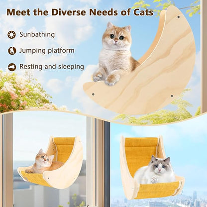 Cat Window Bed, Window Seat for Cats Inside, Wooden Half Moon Shaped Cat Window Perch with Strong Suction Cups for Sleep and Watch Birds