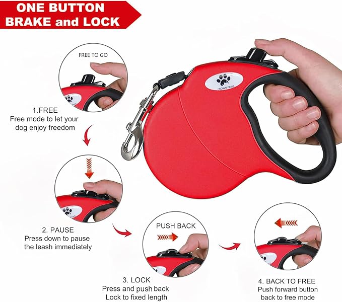 16 ft Retractable Dog Leash for Large Dogs up to 44 lbs,Tangle-Free Nylon Tape,Red M