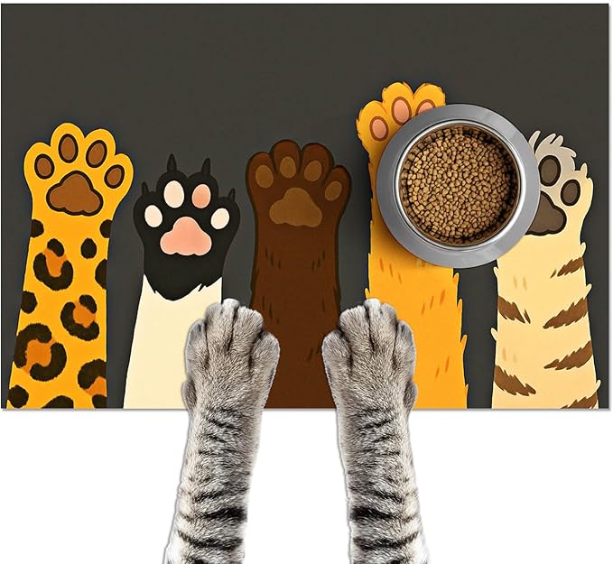 Cute Animal Paw Print Cat Food Mat Easy Clean Fast Dry Pet Feeding Mat for Pets Feeding Area Kitchen Floor Funning Pet Mat for Dog Food and Water Bowls 24" x 16"