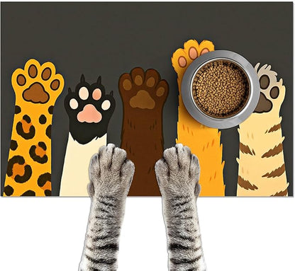 Cute Animal Paw Print Cat Food Mat Easy Clean Fast Dry Pet Feeding Mat for Pets Feeding Area Kitchen Floor Funning Pet Mat for Dog Food and Water Bowls 24" x 16"