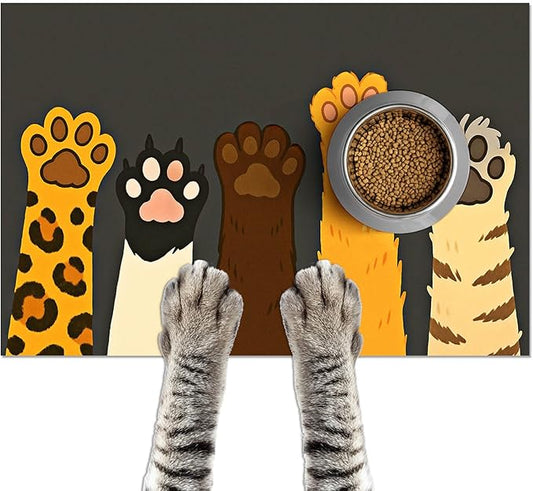 Cute Animal Paw Print Cat Food Mat Easy Clean Fast Dry Pet Feeding Mat for Pets Feeding Area Kitchen Floor Funning Pet Mat for Dog Food and Water Bowls 24" x 16"