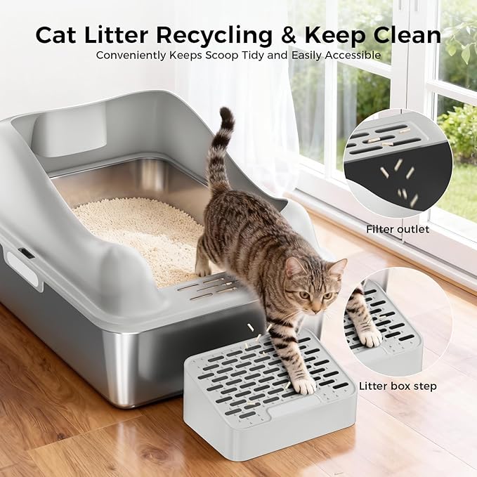 GTPLAYER Stainless Steel Cat Litter Box XL - Extra Large High-Sided Open-Top Metal Litter Box for Large & Multi-Cat Homes, Splash Guard, Low Entry, Easy Clean 304 Steel with Step, Mat & Scoop, Grey