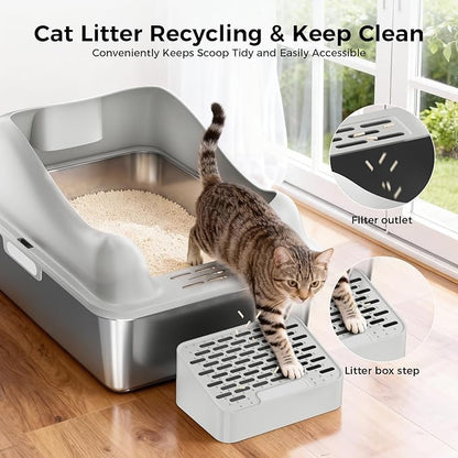 GTPLAYER Stainless Steel Cat Litter Box XL - Extra Large High-Sided Open-Top Metal Litter Box for Large & Multi-Cat Homes, Splash Guard, Low Entry, Easy Clean 304 Steel with Step, Mat & Scoop, Grey
