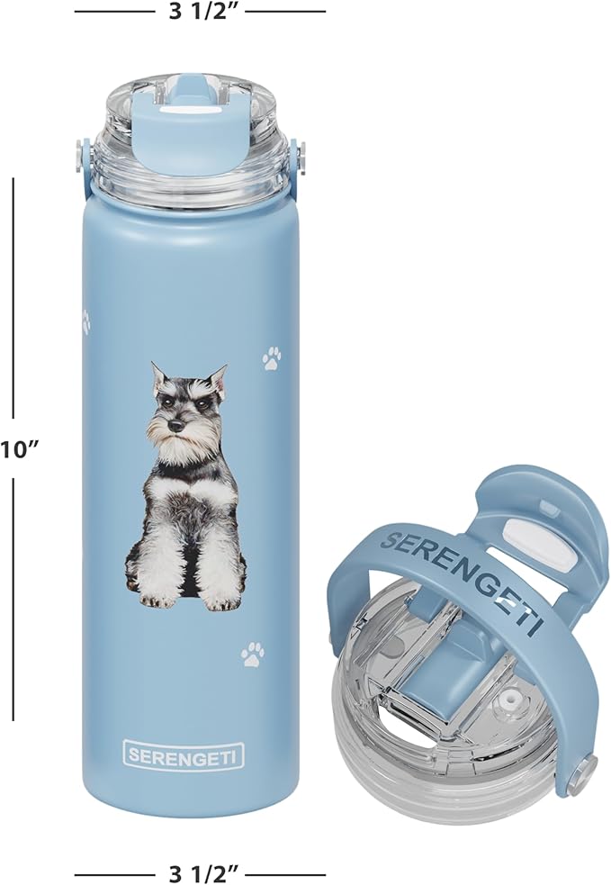 SERENGETI 24 Oz Water Bottle Stainless Steel with Spill Proof Lid - Double walled Vacuum Insulated water flask - Realistic 3D Print of your favorite dog (Schnauzer)