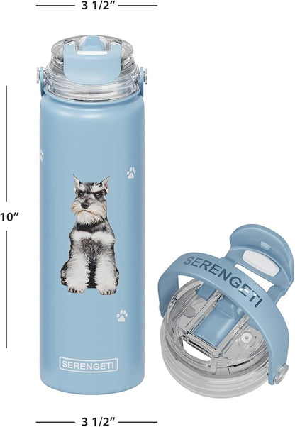 SERENGETI 24 Oz Water Bottle Stainless Steel with Spill Proof Lid - Double walled Vacuum Insulated water flask - Realistic 3D Print of your favorite dog (Schnauzer)