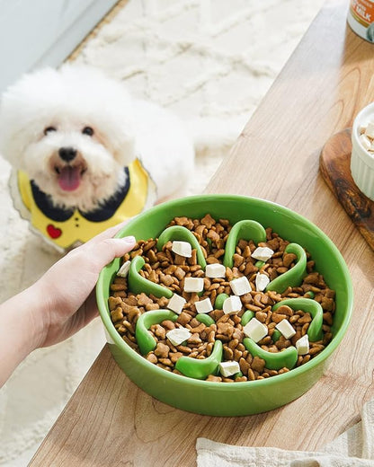 LE TAUCI Dog Slow Feeder Bowl,1.5 Cups Ceramic Maze Pattern for Large Breed,Green and Orange