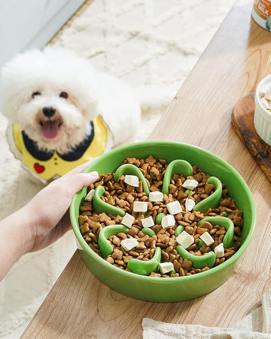 LE TAUCI Dog Slow Feeder Bowl,1.5 Cups Ceramic Maze Pattern for Large Breed,Green and Orange