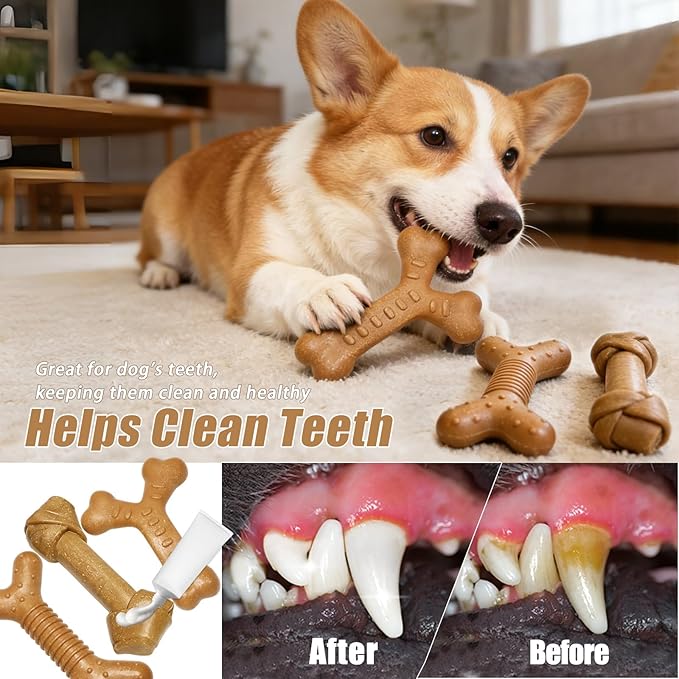 Dog Chew Toys for Aggressive Chewers, 3 Pack Nylon & Wood Teething Bone Toy Set with Chicken Flavor, Durable Tough Bones Chewing Toys for Medium & Large Dogs