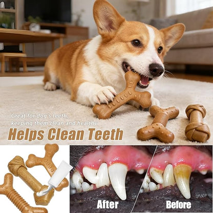 Dog Chew Toys for Aggressive Chewers, 3 Pack Nylon & Wood Teething Bone Toy Set with Chicken Flavor, Durable Tough Bones Chewing Toys for Medium & Large Dogs