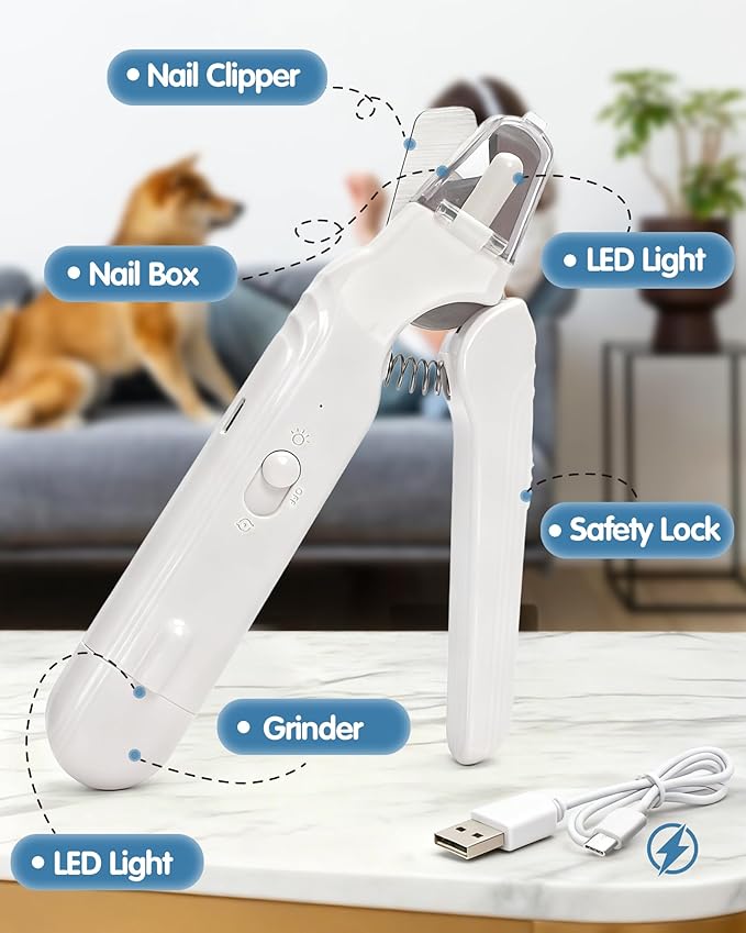 2 in 1 Dog Nail Clippers & Dog Nail Grinder for Large Medium Small Dogs Cats Claw Trimmer with 2 LED Lights & Splash Guard, Ultra-Quiet, USB Rechargeable Pet Claw Care Grooming