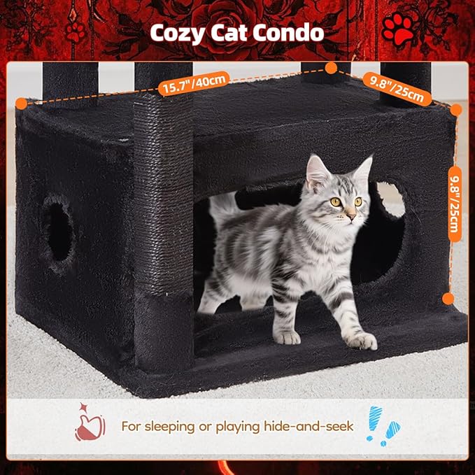 Taoqimiao Gothic Cat Tree,38.5-Inch Cat Tower for Indoor Cats,Suitable for Kittens with Luxurious cat condo with Adjustable Baskets and Luxurious Perch MS029SBR Black and Red