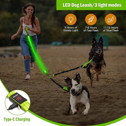 LED Double Dog Leash, 360° Swivel Dual Dog Walking Leash, Comfortable Shock Absorbing Lead for Dog, Reflective Removable Bungee for Two Dogs