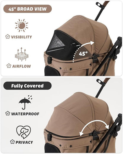 797Audio Dog Stroller for Small Medium Dogs,Pet Stroller for Cats Puppy Up to 121lbs,Foldable,One Click Folding,4 Wheel Shock Absorption,Adjustable Canopy with Sun Shades,Removable Washable Pad(Brown)