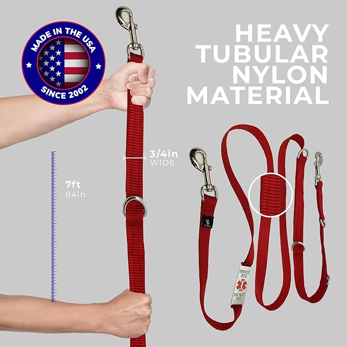 ActiveDogs Hands Free Dog Leash Crossbody 7ft - Premium Service Leash With Chrome 'Service Dog Do Not Pet' Tag - Strong 3/4" Nylon, Double Stitched, Red
