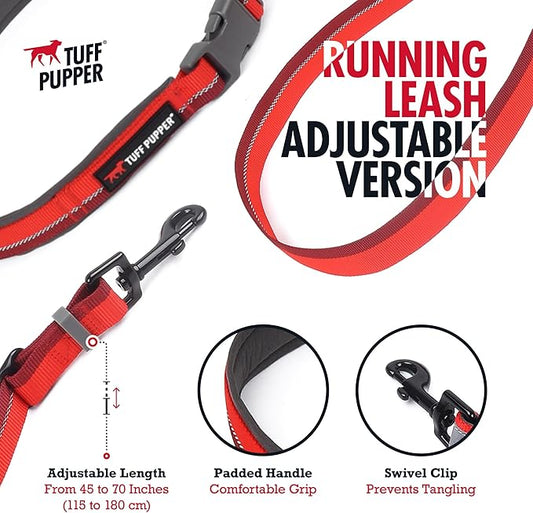 Tuff Pupper Hands Free Adjustable Length Dog Leash | Lightweight for Running Jogging Walking | Padded Waist Belt (24-50 inch) | Adjusts 3 to 6 Feet Length | Strong Ballistic Nylon w/Reflective Strips