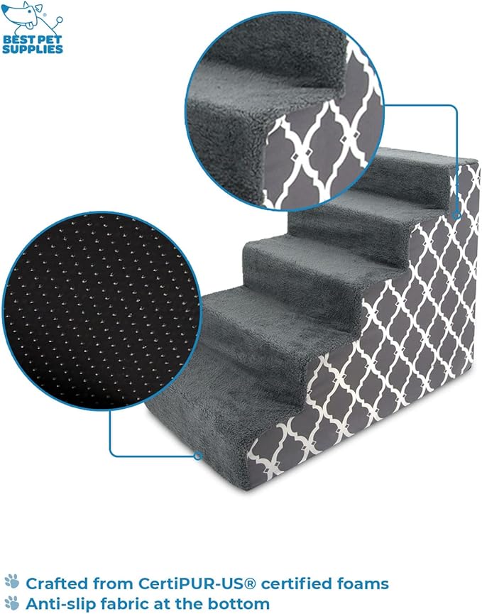 Best Pet Supplies Dog Stairs & Steps - Foam Steps for Small Dogs & Cats, Non-Slip Indoor Balanced Pet Step Support, Dog Ramp, No Assembly, Gray Lattice Print, 5-Step (22.5-inch Height)